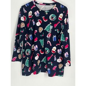 Kim Rogers Christmas‎ Whimsy 3/4 Sleeve Tee Women PXXL Navy Cotton Novelty Santa